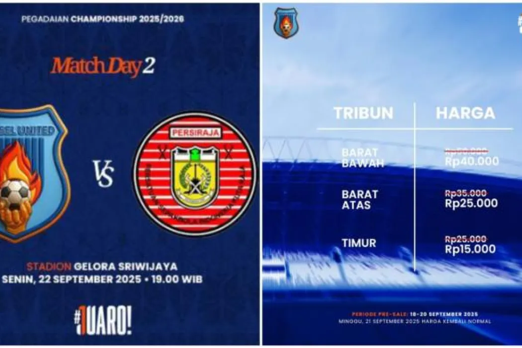 Harga Tiket Laga Sumsel United vs Persiraja di Jakabaring, Pre Sale Mulai dari Rp 15 Ribu