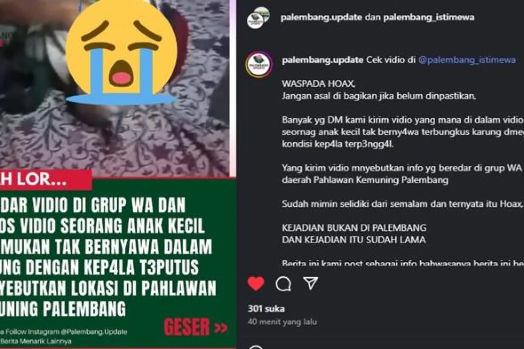 Hoax Video Anak Kecil Tewas Terbungkus Karung dengan Kepala Putus di Kemuning Palembang