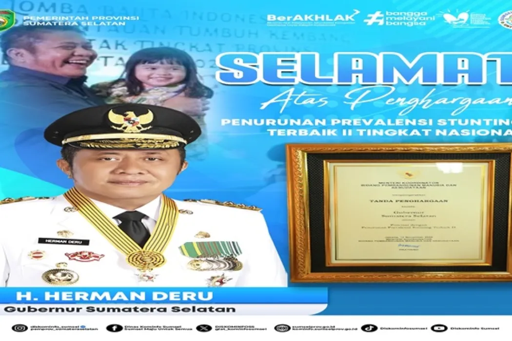 Sumatera Selatan Raih Penghargaan Presiden, Terbaik II Nasional dalam Penurunan Prevalensi Stunting